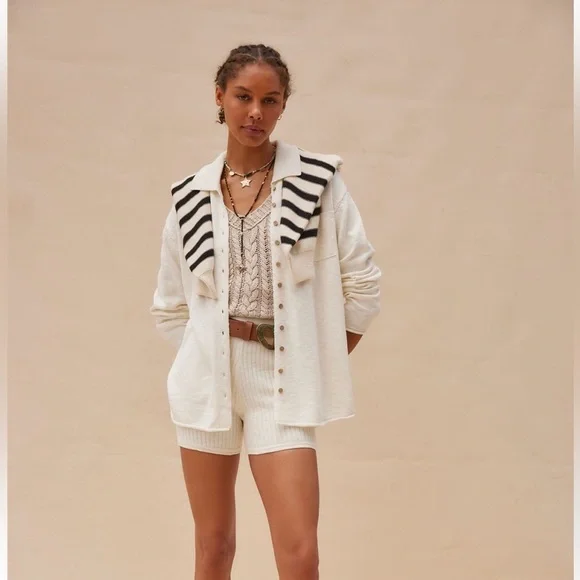 Free People Zuma Sweater Set Button Down Shirt Knit shorts - Picture 4 of 15